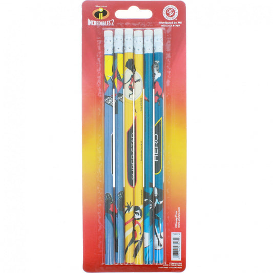 six Disney Pixar Incredibles 2 personalized pencils arranged flat with character graphics visible