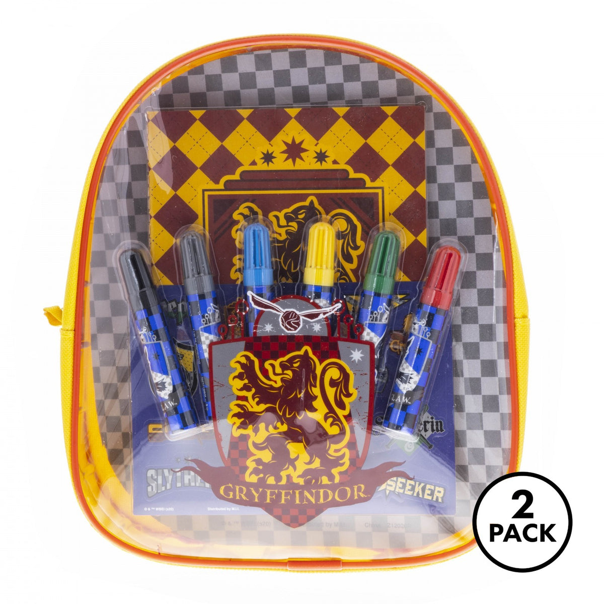 Two small Gryffindor-themed Harry Potter kids backpacks with attached art kits on a white background