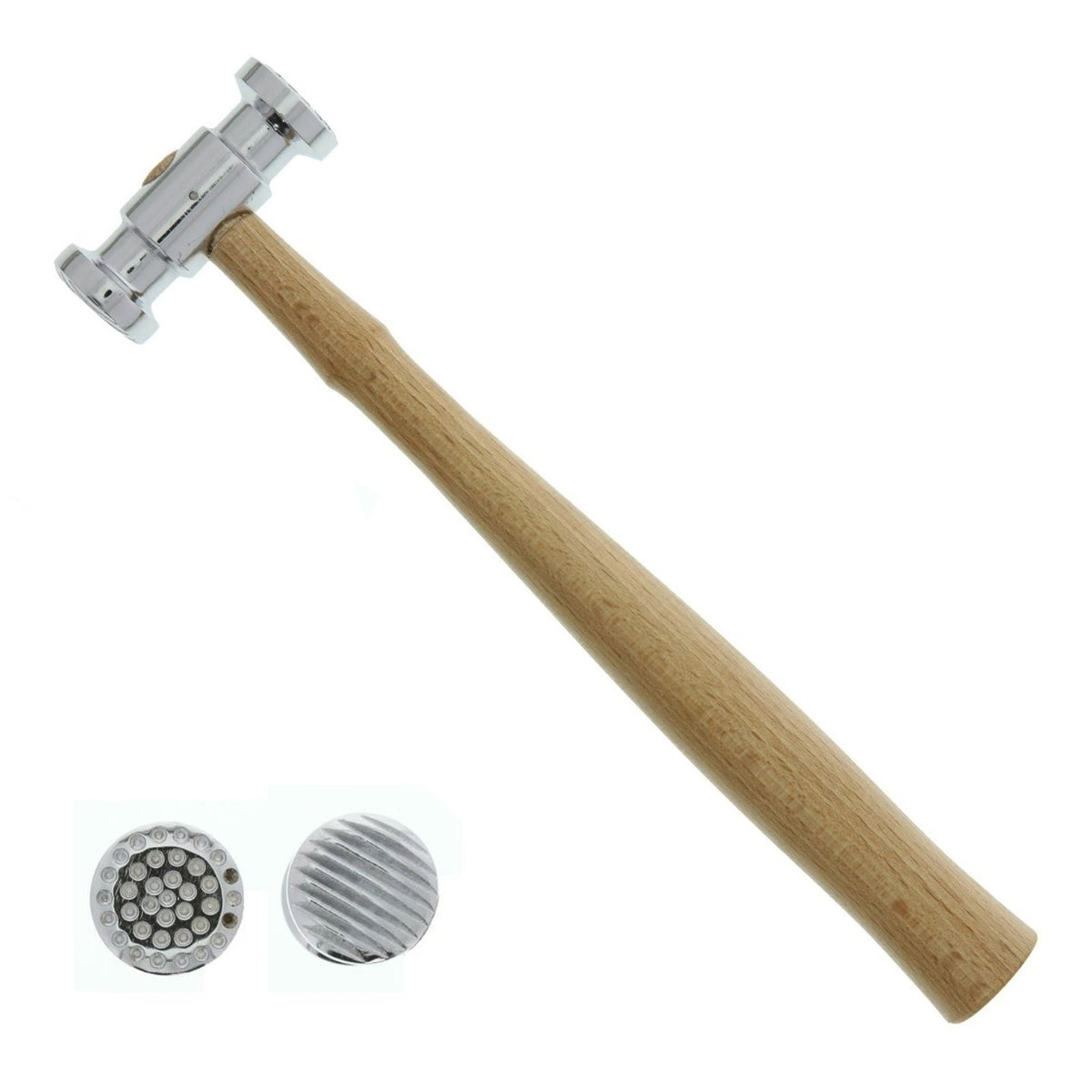 Dual face hammer with dimple and stripe patterns and wooden handle