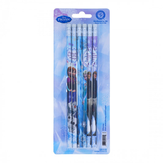 Six Frozen 2 wooden pencils with erasers, Frozen character designs, arranged side by side