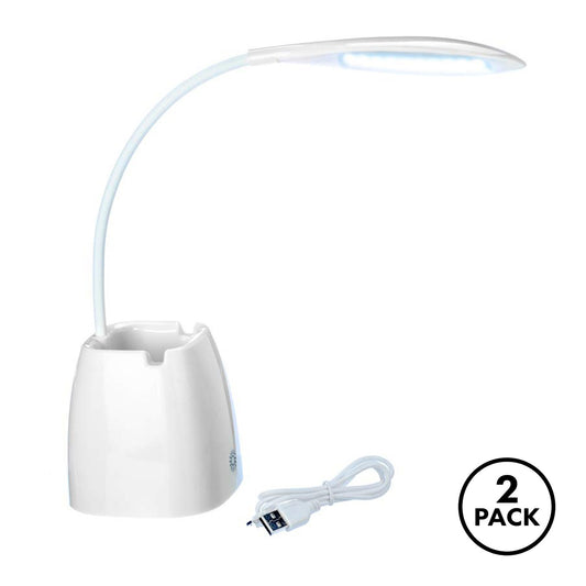 Two rechargeable table lamps with phone stands, touch switches, and compact design.