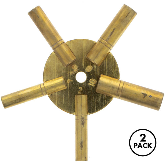 Two brass grandfather clock winding keys with five even-sized openings.