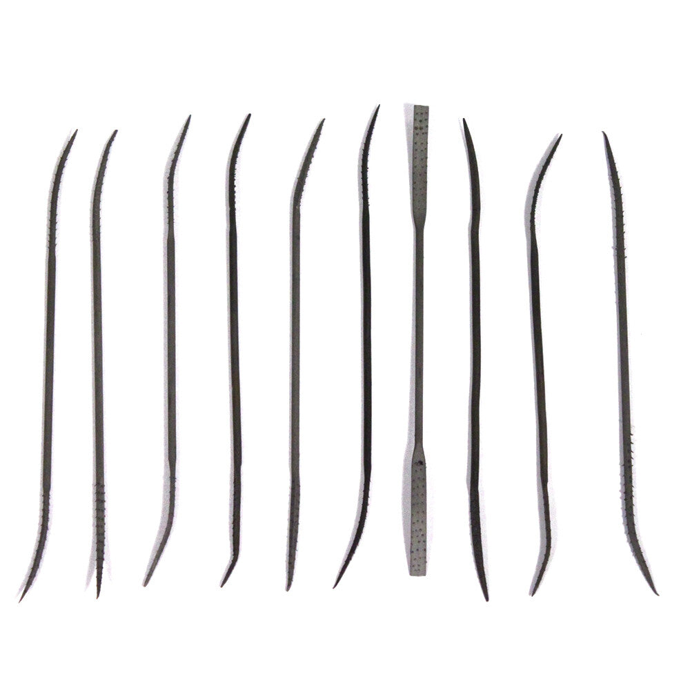 ToolTreaux 10-piece double ended riffler file set arranged for metal jewelry work