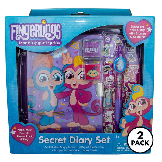 Two packs of KidPlay Fingerlings secret diary sets, each with seven included items.