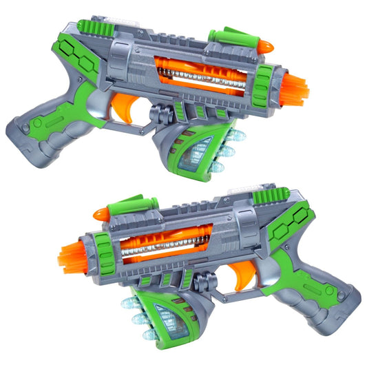 Two green Sonic Space Blaster toy guns for kids shown side by side on a simple background.