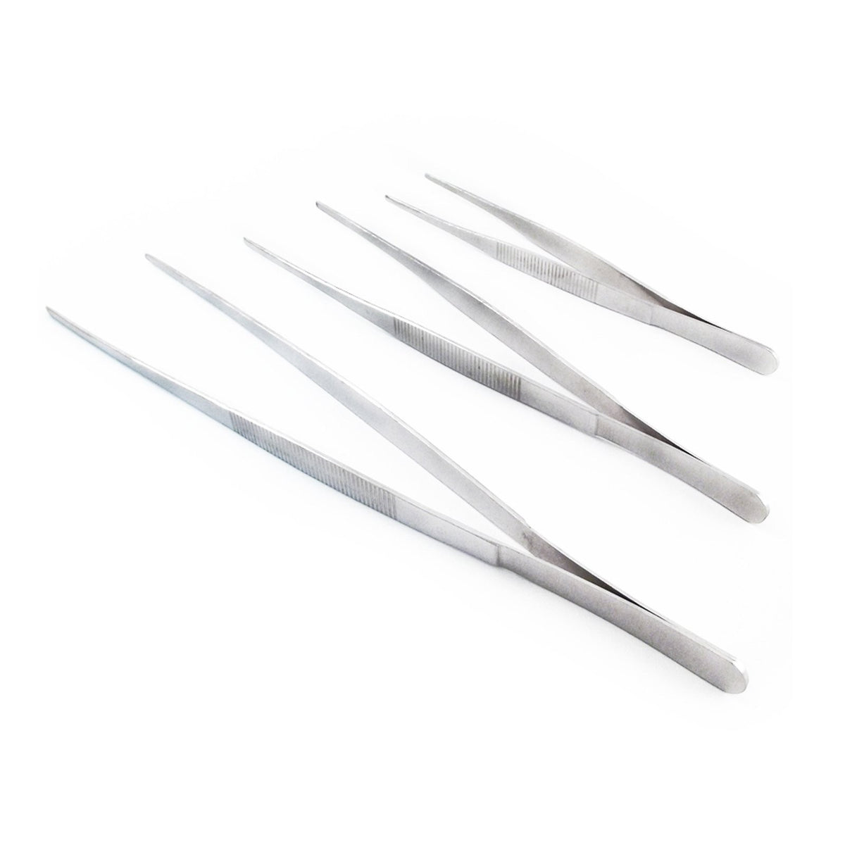 Set of three stainless steel jumbo tweezers with serrated tips arranged side by side.