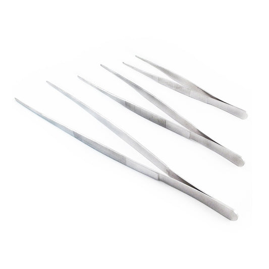 Set of three stainless steel jumbo tweezers with serrated tips arranged side by side.