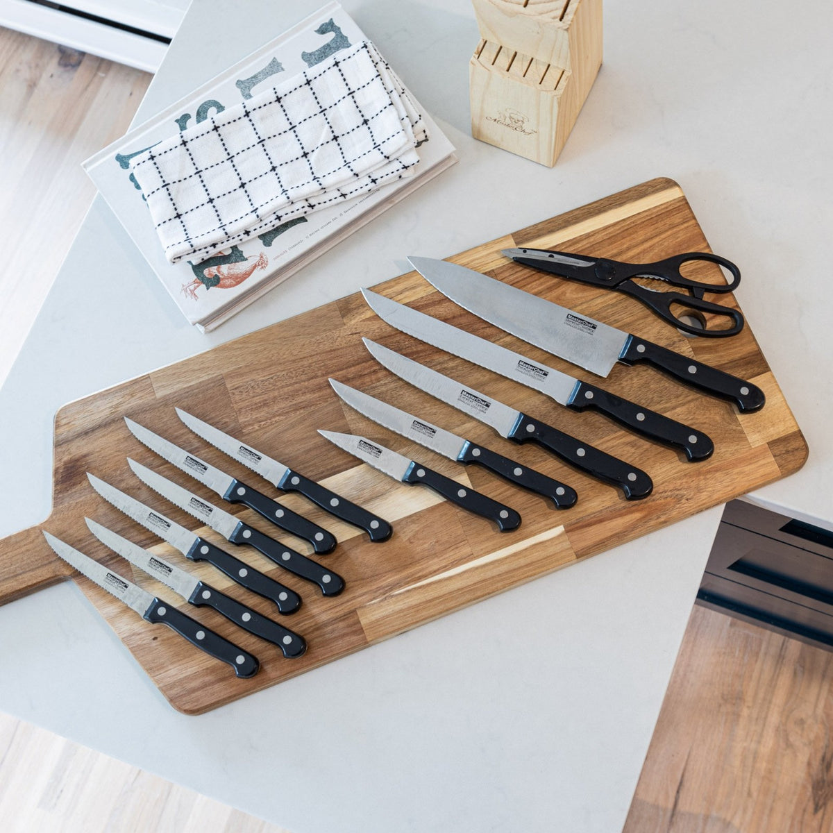 Beille Kitchen Knife Set Cooking Baking Supplies Meal Prep with Wood Storage