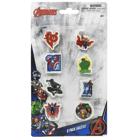 eight colorful Marvel Avengers character erasers including Captain America, Hulk, Widow, Thor, and Iron Man