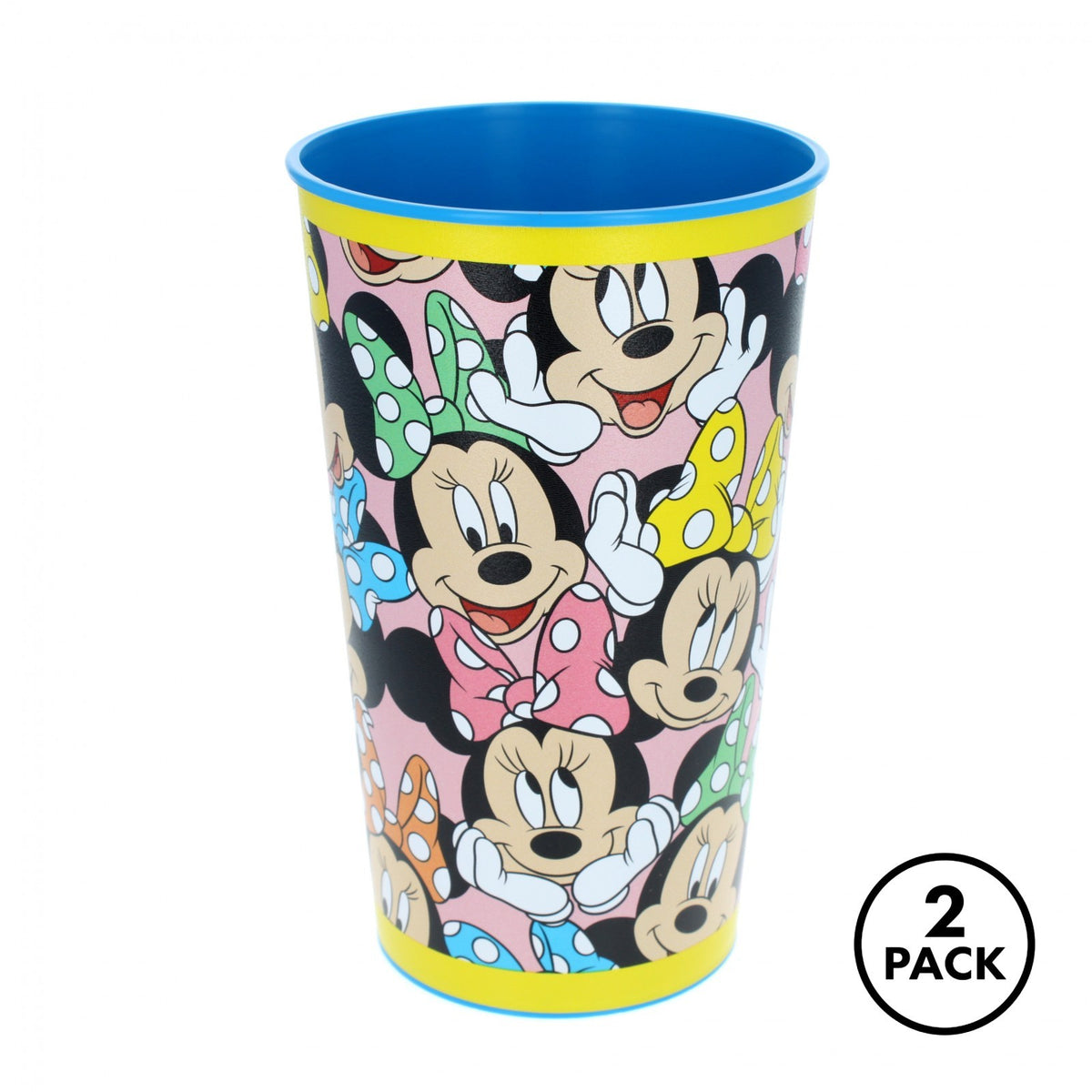 Two large 22 oz Disney Minnie Mouse plastic cups for kids, featuring character graphics.