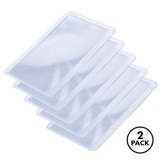Two sets of five flat credit card-sized magnifiers suitable for wallets or pockets, shown together.