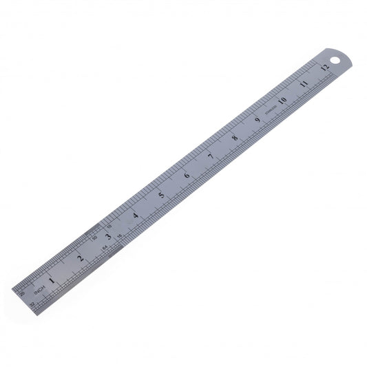 12 inch stainless steel ruler with visible metric and SAE measurement markings.