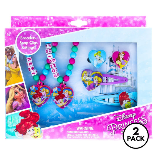 Disney Princess girls jewelry and hair accessories, six pieces displayed per pack, colorful and playful.