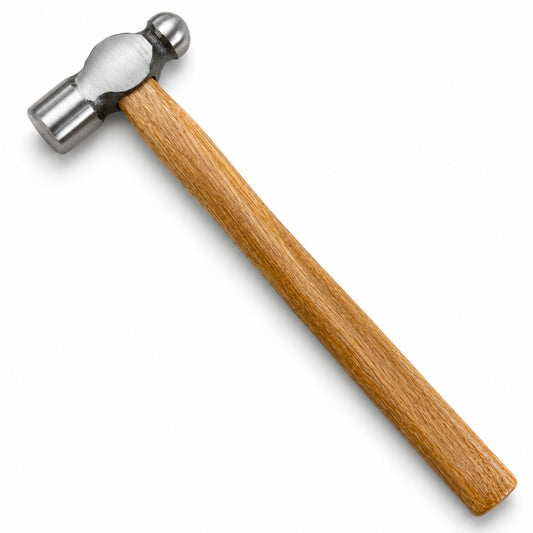 Small ball peen hammer with natural hardwood handle and metal head