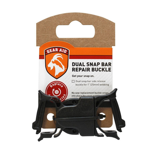 Black dual snap bar repair buckle sized for 1 inch webbing, shown alone on white background.