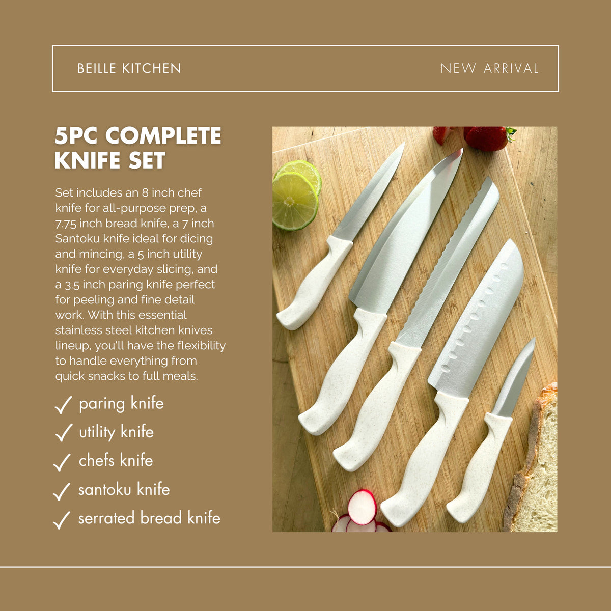 Beille Stainless Steel and Wheat Fiber Handle Kitchen Knives (Many Styles)