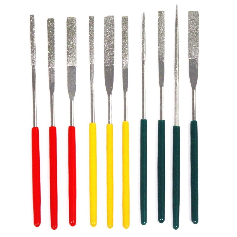 Set of 10 tapered diamond files with assorted grits arranged in a row.