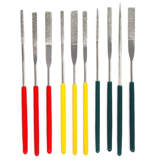 Set of 10 tapered diamond files with assorted grits arranged in a row.
