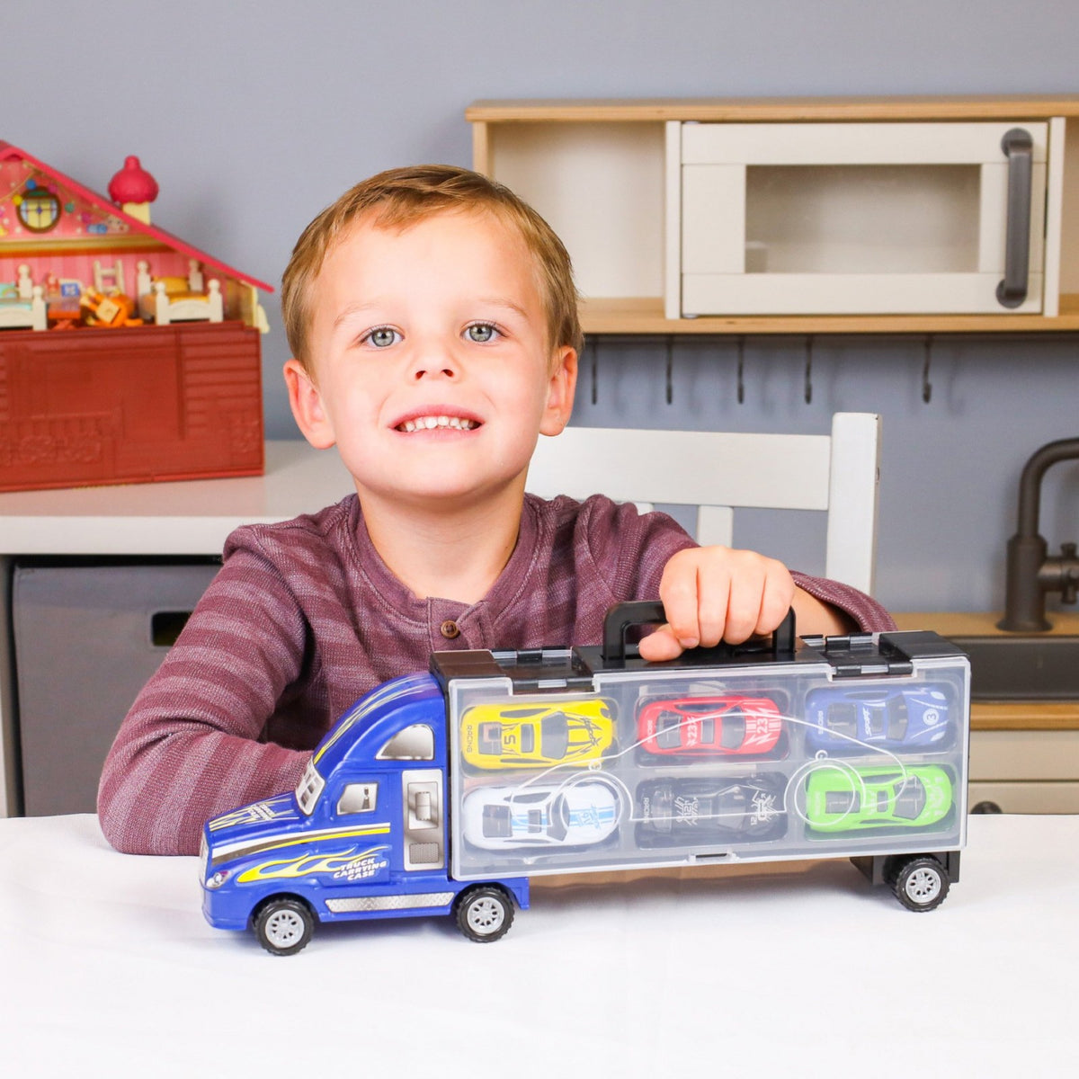 Kidplokio 7pc Blue Semi Truck Toy Car Carrier Diecast Playset for Boys 3 and Up, view 3