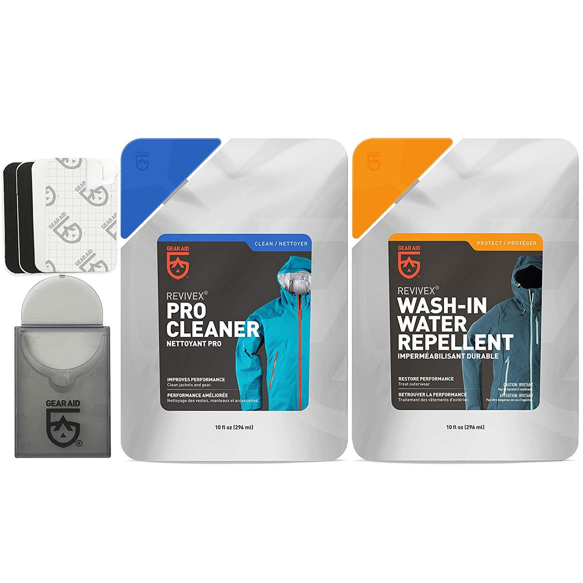 GEAR AID care kit with Revivex Pro Cleaner, Wash-In Water Repellent bottles, and repair patches.