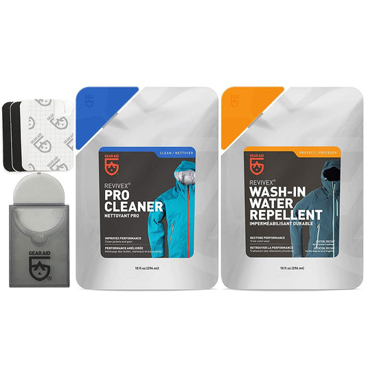 GEAR AID care kit with Revivex Pro Cleaner, Wash-In Water Repellent bottles, and repair patches.
