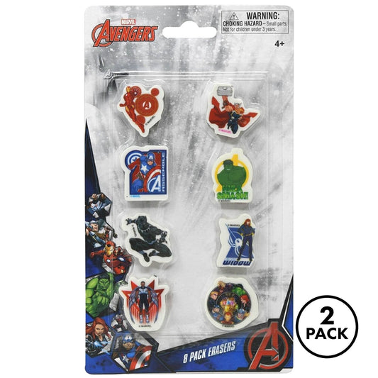 2-pack Marvel Avengers eraser sets, 8 pieces each, character designs visible