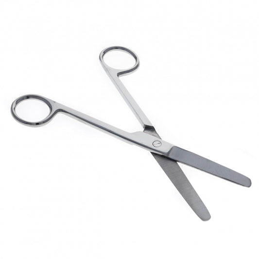 Pair of 5.5 inch stainless steel scissors with straight blades and blunt point tips.