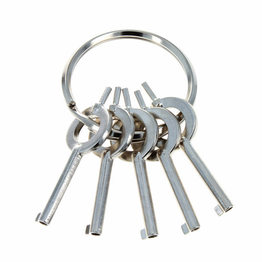five steel universal handcuff keys grouped together