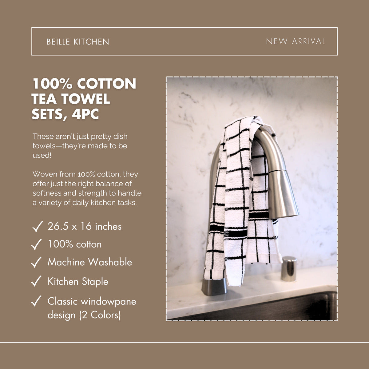 Beille 4pc 100% Cotton Terry Classic Windowpane Dish Towels Set (2 Colors)