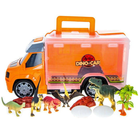 Twelve dinosaur action figures and orange toy truck storage playset displayed together.