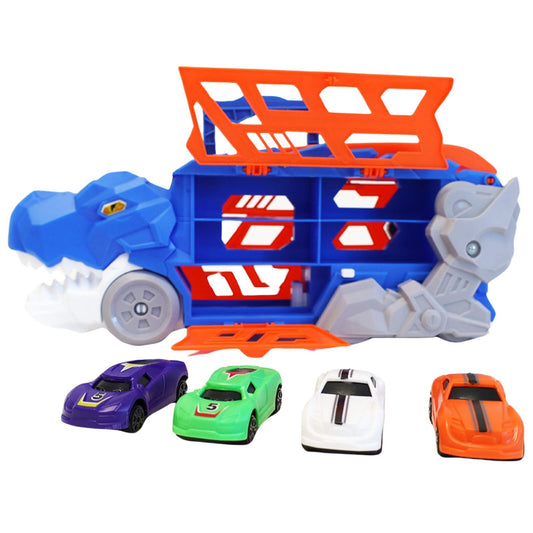 T Rex themed transporter truck toy shown with diecast cars, available in two colors