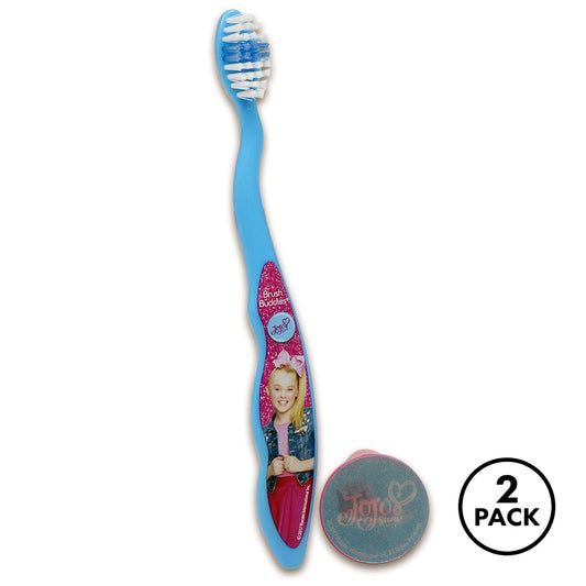 two JoJo Siwa kids toothbrushes with soft bristles and plastic caps