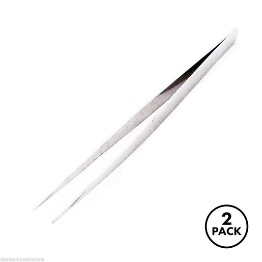 Two gold stainless steel precision tweezers, each 5 inches long, displayed side by side.