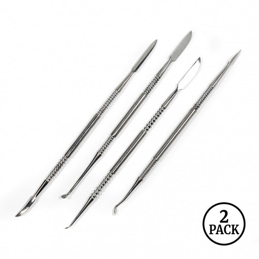 Two sets of seven double ended spatula wax carver tools arranged side by side.
