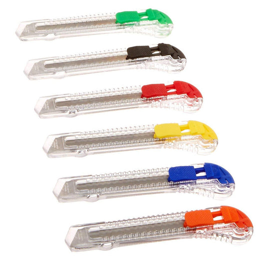 Six utility knives with razor blades in assorted colors for home and office use