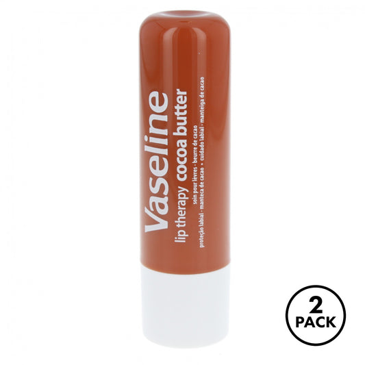 Two Vaseline Lip Therapy Cocoa Butter balm sticks, .16oz size, on a plain background.
