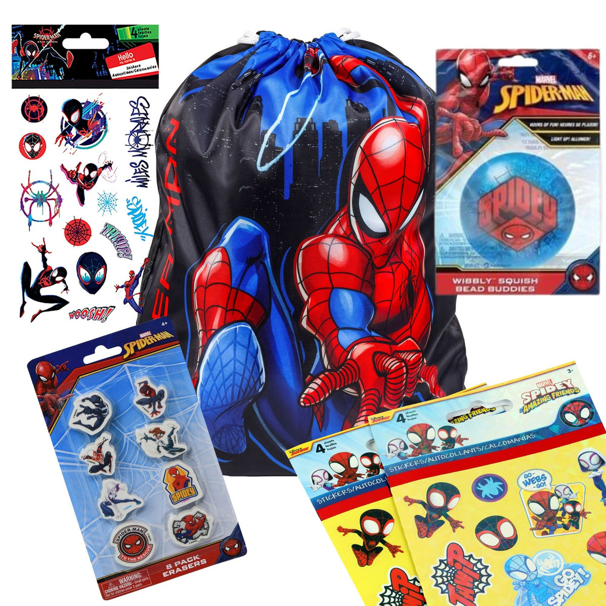 Set with Spiderman-themed drawstring backpack, sticker sheet, and toys arranged together.