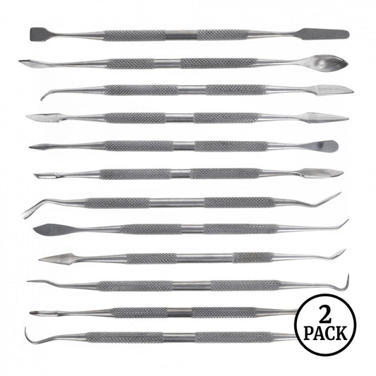 two sets of 12-piece dual-sided wax clay carving tools with picks, spatulas and cases
