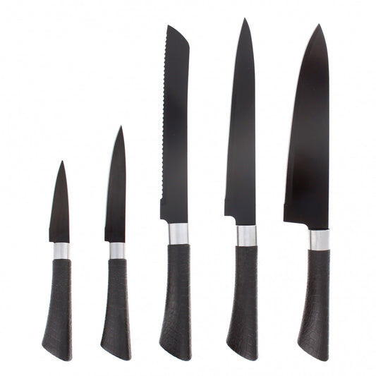 Set of five black stainless steel kitchen knives