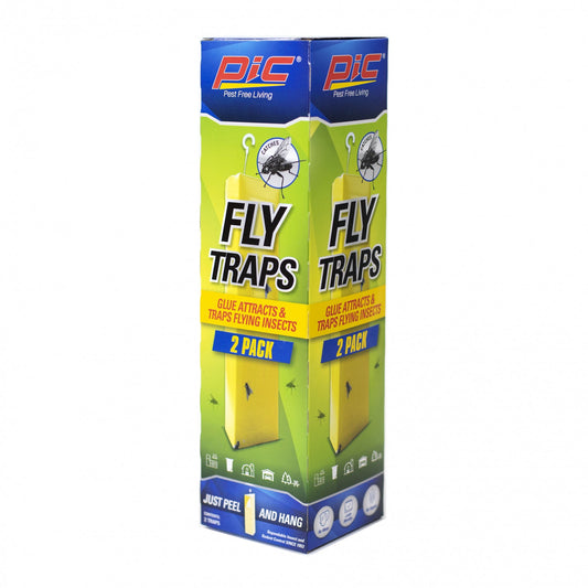 Two glue fly traps for catching flying insects, labeled no mess and no vapors.