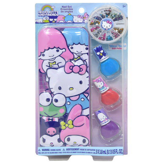 Four Hello Kitty Friends nail polish bottles and a matching travel tin for girls