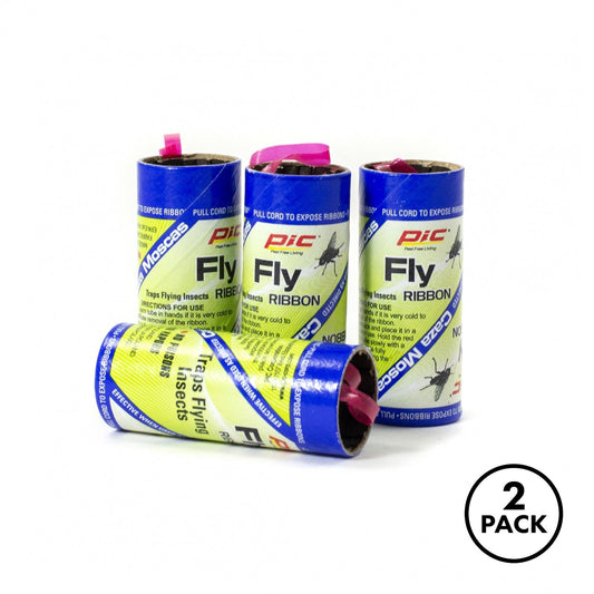 Two packs each containing four rolls of sticky insect ribbon tape.