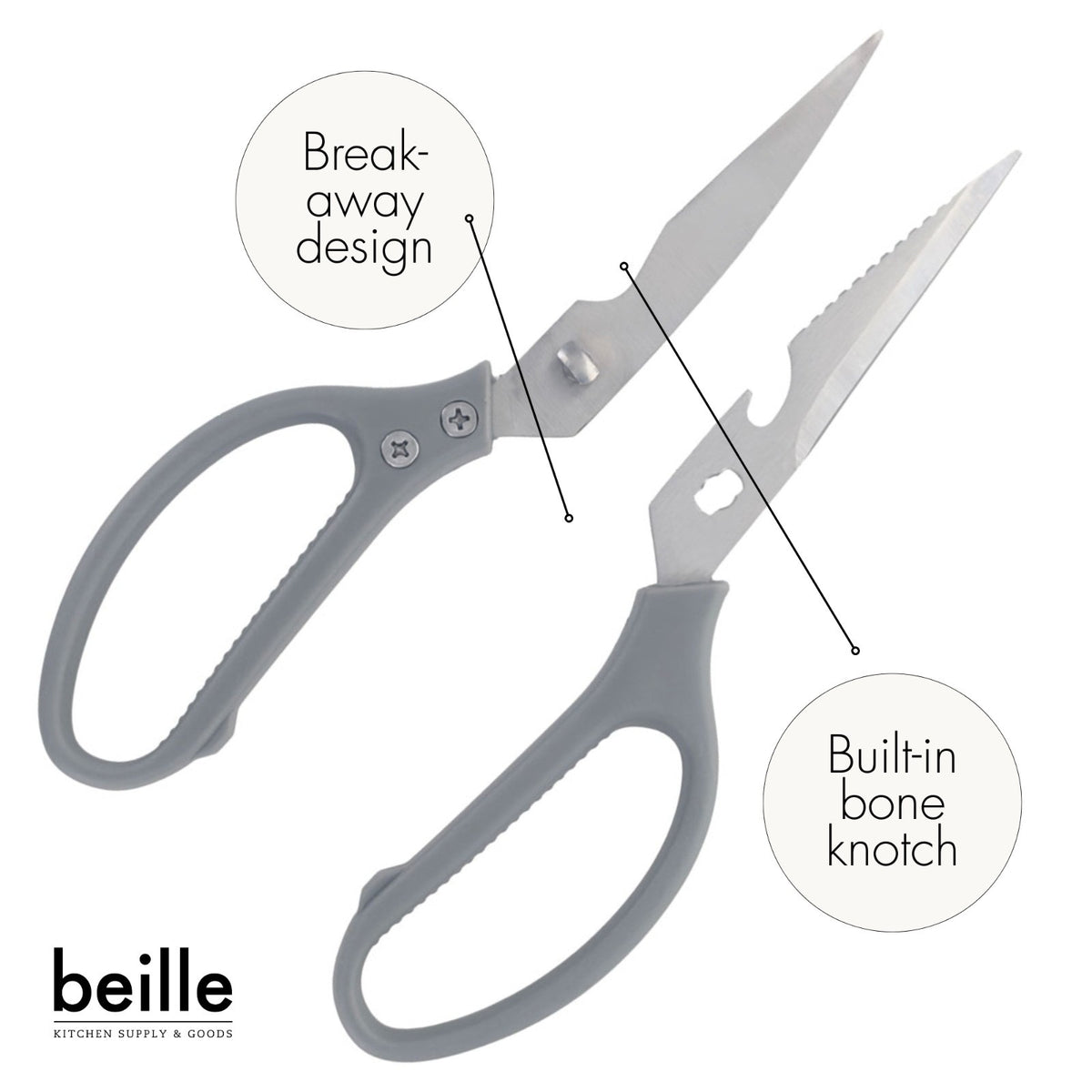 2 Pack Beille 8 Inch Stainless Steel Scissors, Break Apart Kitchen Shears, Grey