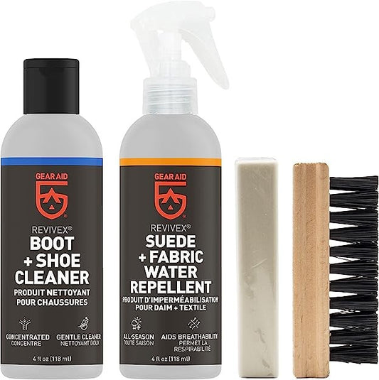 GEAR AID shoe care kit for suede, nubuck, fabric footwear in twopack packaging