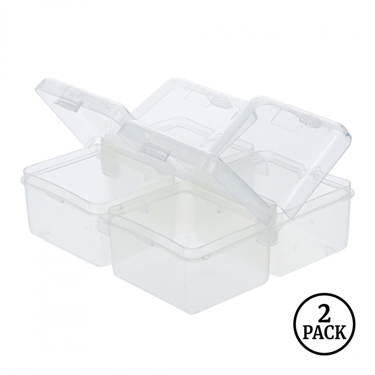 Two clear plastic organizers each with four compartments and pop top lids.