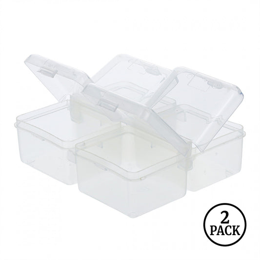 Two clear plastic organizers each with four compartments and pop top lids.