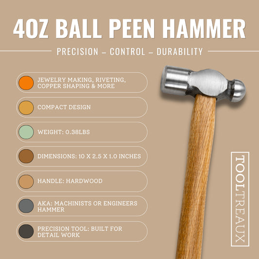 ToolTreaux 4oz Ball Peen Hammer with Hardwood Handle, Small Engineers Hammer, view 2