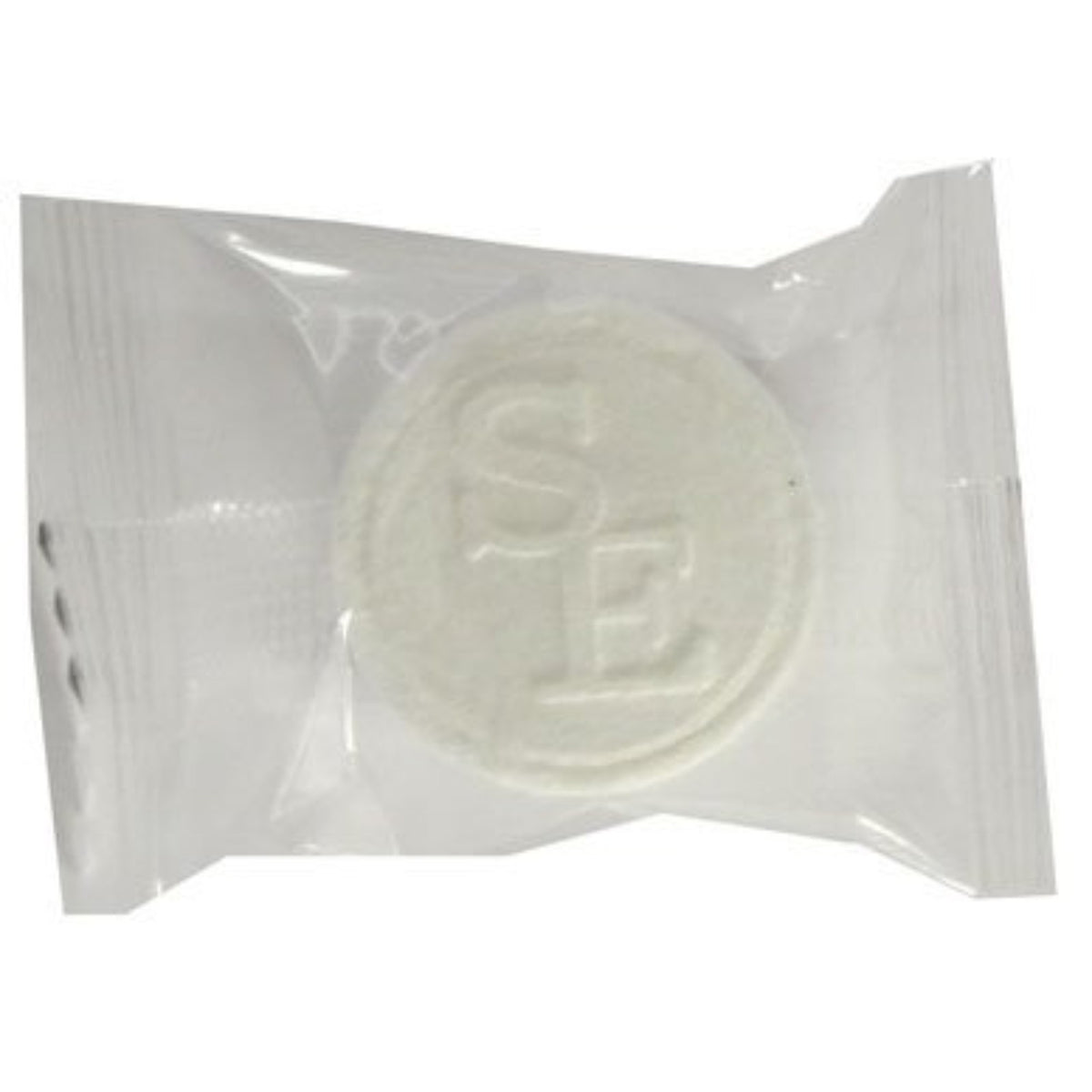 Round compressed white towels packaged in clear plastic, 12 pieces per pack.