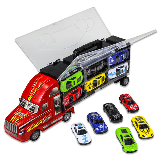 Red semi truck toy car carrier with diecast vehicles from Kidplokio 7-piece playset