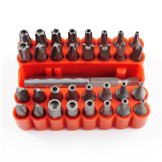 33-piece chrome vanadium steel security bit set with magnetic extension holder arranged in packaging